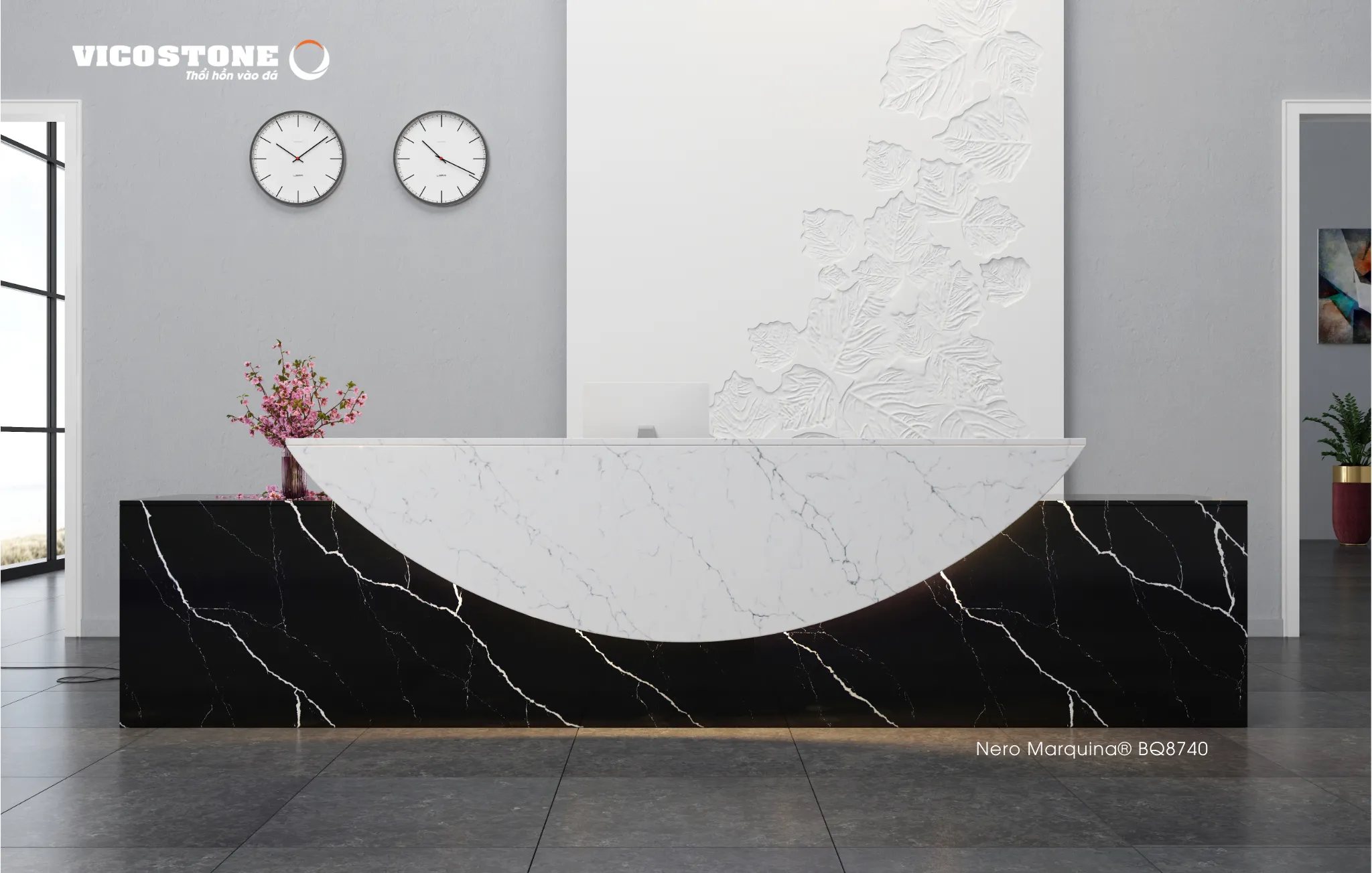 VICOSTONE® Nero Marquina® BQ8740: Mang dấu ấn mạnh mẽ với những đường vân rối độc đáo, phù hợp cho không gian cá tính.