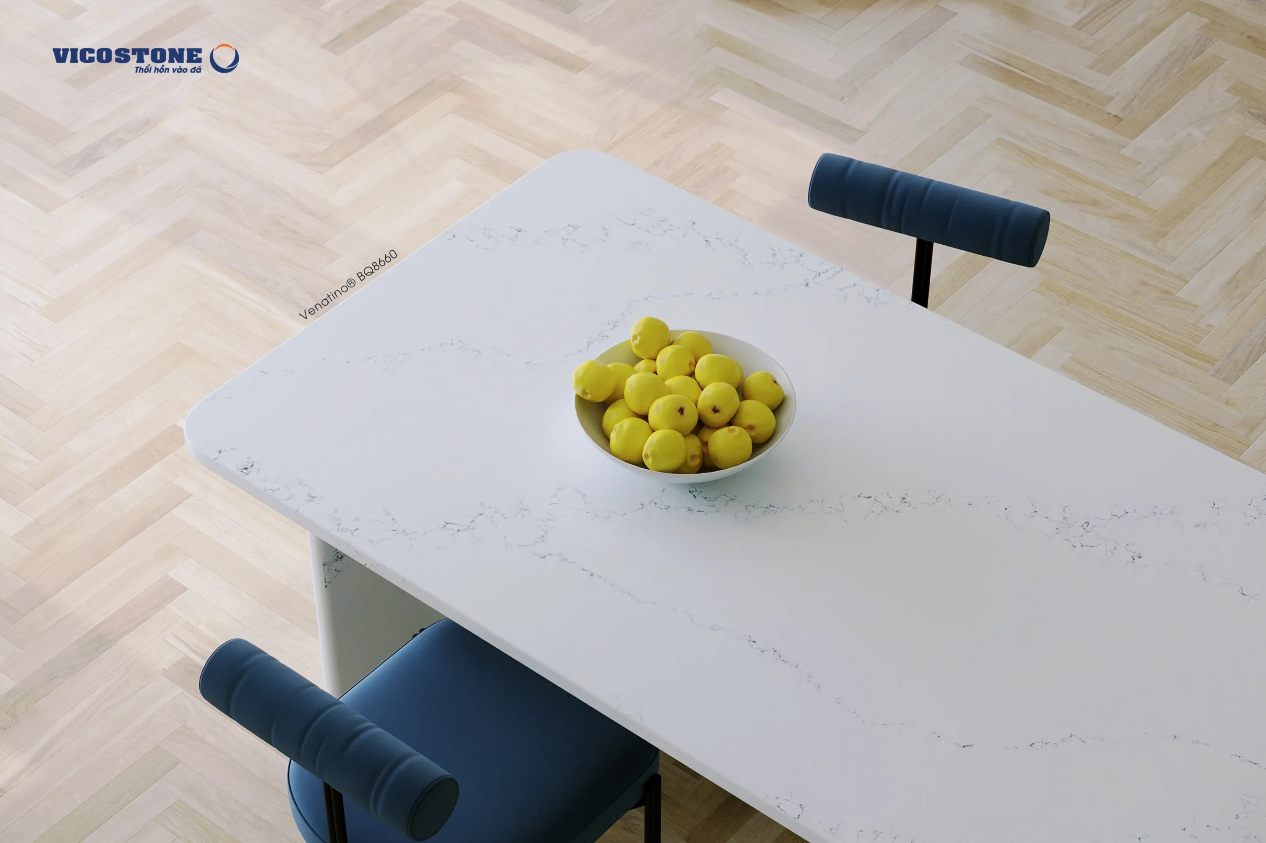VICOSTONE® Venatino® BQ8660: Sự kết hợp hoàn hảo giữa nền trắng tựa cẩm thạch và những đường vân thanh thoát.